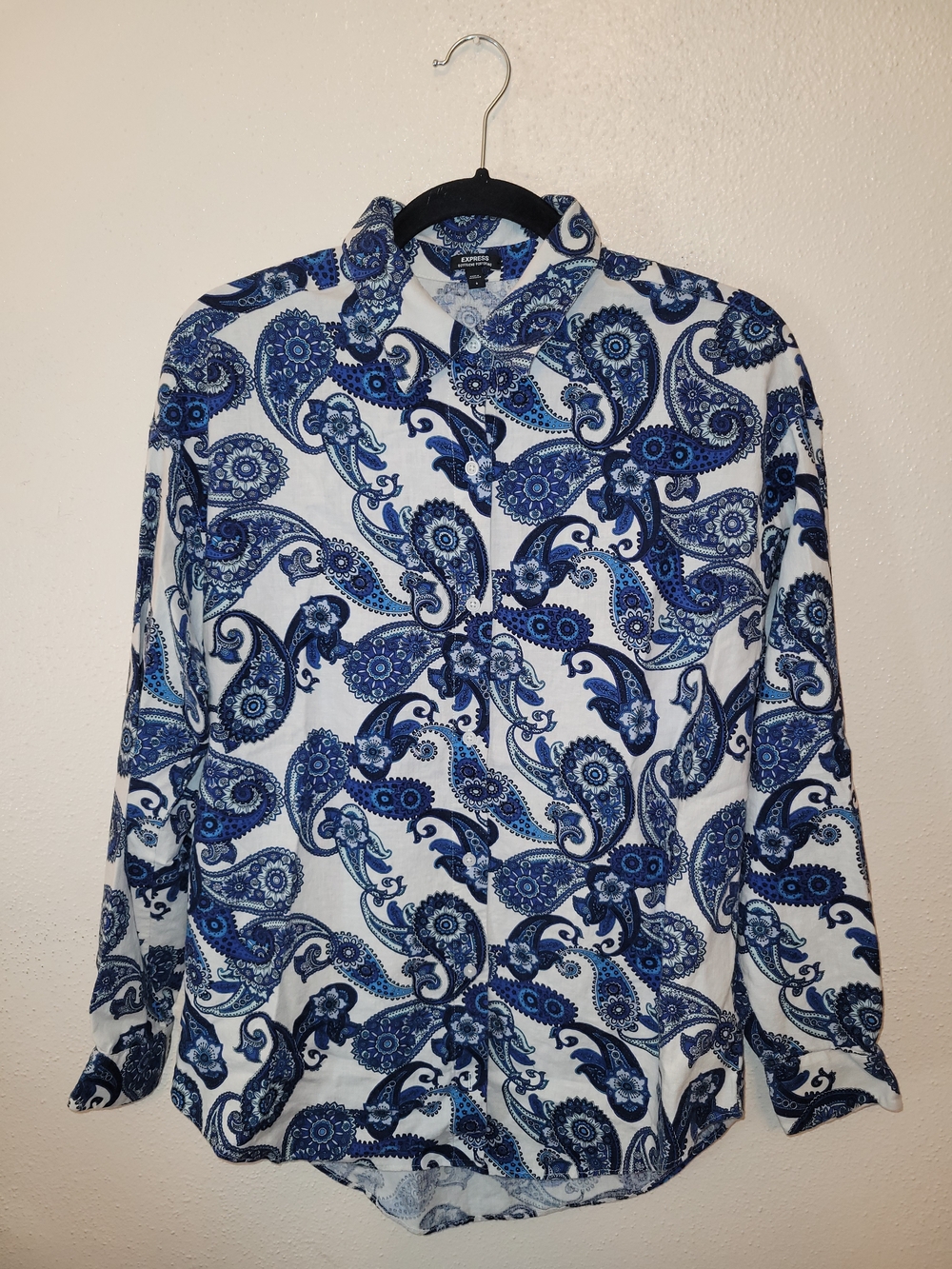 Express Boyfriend Portofino Linen Blend Blue Paisley Button Down Shirt S